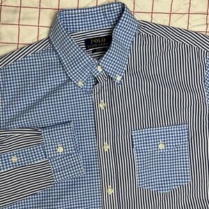 Polo RalphLauren Mens M Slim Fit Button Down Shirt Blue Gingham Stripe Patchwork